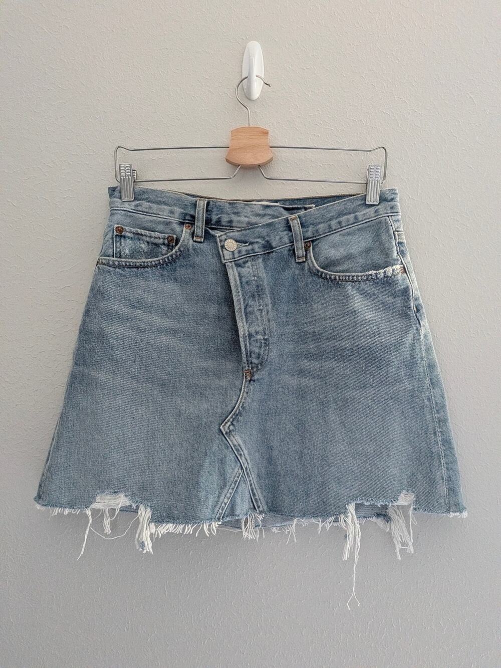 Agolde Criss Cross Jean Skirt Raw Hem Asymmetrical Waist Size 27 Button Front